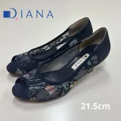 DIANA ネイビー 花柄オープントゥメッシュパンプス　21.5cm