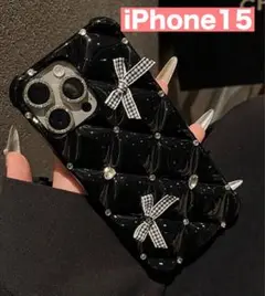 iPhone15 ケース　キルティング　リボン　キラキラ　ストーン　ブラック　黒