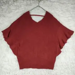 Mサイズ 赤いフリル袖 Vネックニット