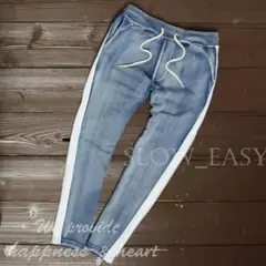 INDIGO 1本 ライン カットデニム トラックパンツ 青/L スウェット