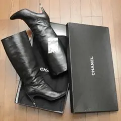 美品 CHANEL レザー ニーハイ ロングブーツ 本革 黒 38