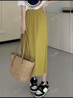 無地柄　伸縮性　ウエストスカート　黄色