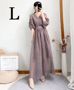 新品 春 L ロングワンピース ドレス 結婚式 レディース シフォン パープル