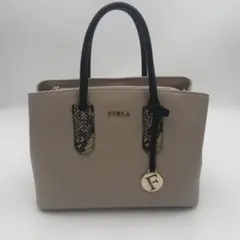 FURLA ベージュハンドバッグ スネークスキンアクセント