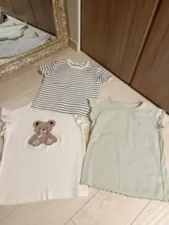 2025購入　袖フリルくま入り可愛い女の子トップス３枚セット