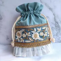 インド刺繍リボン　巾着　ドレス巾着　フリル
