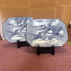 青磁群鶴図角切形陶磁器皿 2枚セット