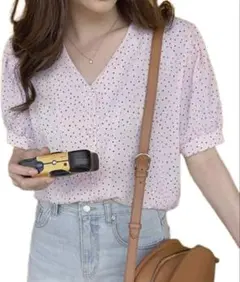 ブラウス シャツ Ｖネック ドット柄 半袖 パフスリーブ ピンク