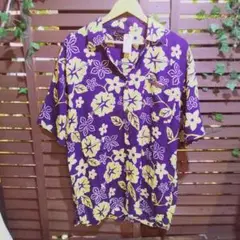 Aloha 半袖アロハシャツ 紫と黄色の花柄　Mサイズ