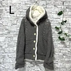 もこもこ裏起毛 フード付きニットジャケット Lサイズ グレー系