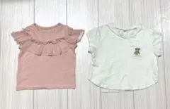 フリル付きピンクと刺繍クマ白トップスセット