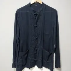 無印良品 リネン 結び釦 スタンドカラーシャツ チャイナシャツ L-XL 紺