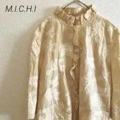 M.I.C.H.I ノーカラージャケット フリル襟 ベージュ 花柄 古着女子