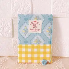 ハンドメイドブックカバー 水色のお花×黄色チェック