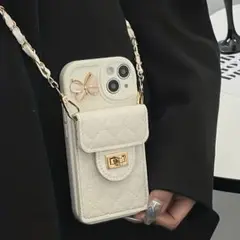 韓国 iPhone15 スマホケース ちょうちょ 白 チェーン スマホショルダー