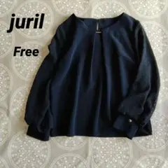 juril ネイビー 長袖 ブラウス 袖シフォン　ふんわり袖　バー付き　F　美品