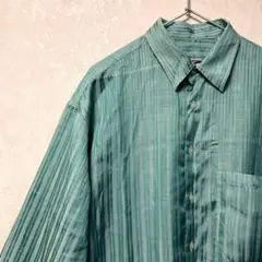 【新品】デザインシャツ　ストライプ　透け感　ヴィンテージ　緑　白　長袖