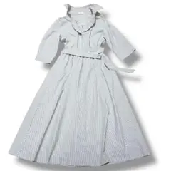ロングシャツワンピ　ストライプ ブルー×ホワイト ベルト付き 春夏爽やかコーデ◎