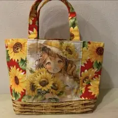 【SALE】夏‼️トートバッグ　巾着タイプ　ひまわりガール　バスケット柄