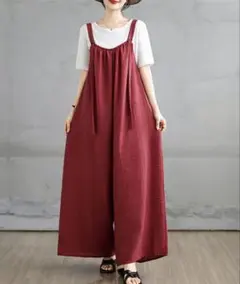 新品 サロペット オールインワン ワインレッド 幅広パンツ フリーサイズ
