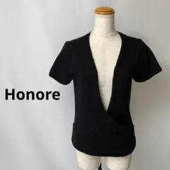 honore 半袖　ニット　カシュクール　ラメ　リボン　コットン　黒　ブラック