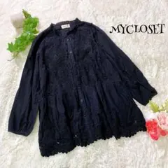 マイクローゼット 長袖シャツ チュニック風 花柄刺繍 【F】黒 k678