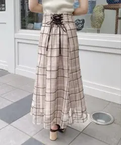 INGNI ラメチュールバックレースアップフレアスカートベージュ チェック柄 F