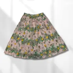 チューリップ柄　フレアスカート　裏地　ポケット付き　クラシカル　S〜M