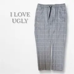 I LOVE UGLY グレンチェック柄　テーパード　ウエストゴム　グレー　M