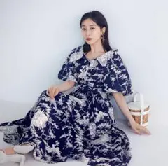 極美品　SNIDEL シャツロングワンピース 総柄 パフスリーブ 2023