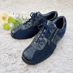 美品✨アシックス ペダラ サイドジップレザーシューズ 幅広 ネイビー 23.5㎝