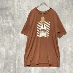 ロゴtシャツ ブラウン 警告メッセージ 大きめ　 LLサイズ　メンズカジュアル