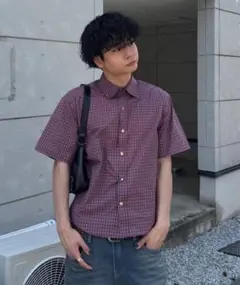 yolo ユニセックスシルバーボタン半袖レッドチェックシャツ TO0206 XL