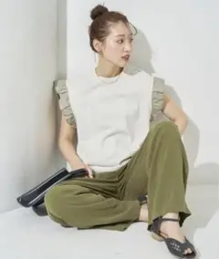 異素材 フリル袖 ドッキング ノースリーブ TEE