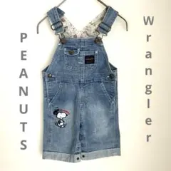 95Wranglerレザー　綿　PEANUTS スヌーピー　デニムオーバーオール