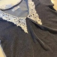 ストライプ レース襟 半袖Tシャツ