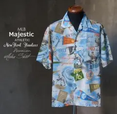 美品 MLB Majestic ヤンキース レトロプリント 開襟 アロハ シャツ