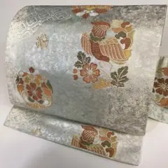 【和】10864o 着物 九寸名古屋帯 花に鴛鴦文様 金糸