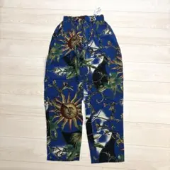 90s 総柄児島イージーパンツ新品タグ付き　レトロ柄　青　ブルー　太陽柄
