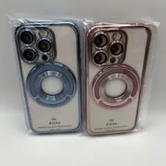 【スマホケース】iPhone15 pro専用　ブルー&ピンク　2点セット①