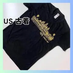 US 古着　Tシャツ　アンコールワット　ブラック　刺繍　ゴールド　世界遺産