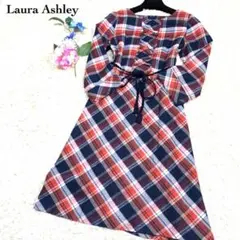 美品✨ローラアシュレイ チェックワンピース ロング 7部袖 編み込リボン M L