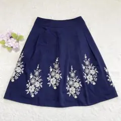 美品★ 【キャサリンロス】 リネン混 シアースカート （MA） 刺繍 Aライン