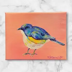 幸せを呼ぶ青い鳥の絵画　原画　アート　キャンバス　動物画　作品証明書付　ドローイ