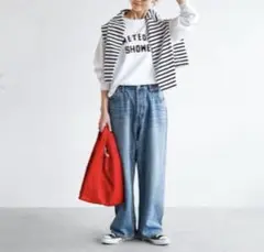 SOLAMONAT ソラモナ　5Pルーズストレートイージーデニムパンツ　L