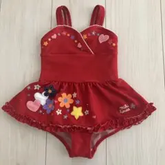 ミキハウス 赤 水着 フリル 花柄刺繍