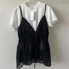 ブラックドットキャミ付きホワイトTシャツ L
