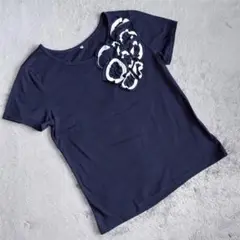 フラワーモチーフ ネイビー 半袖Tシャツ サイズLL