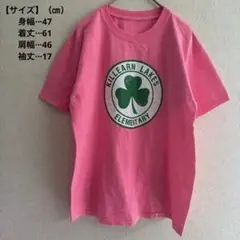 海外古着 レア 半袖Tシャツ 蛍光 ピンク 三葉 クローバー プリント