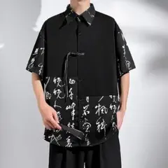 ブラック　韓国　Y2K 黒 漢字　中国　シャツ　モード　レイヤード風　2XL